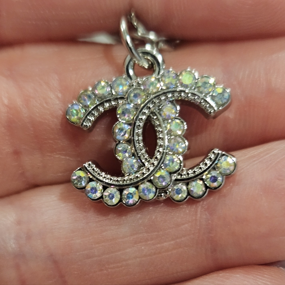 Chanel Stamped Silver Iridescent Crystal Replacement Pull On Bag Charm